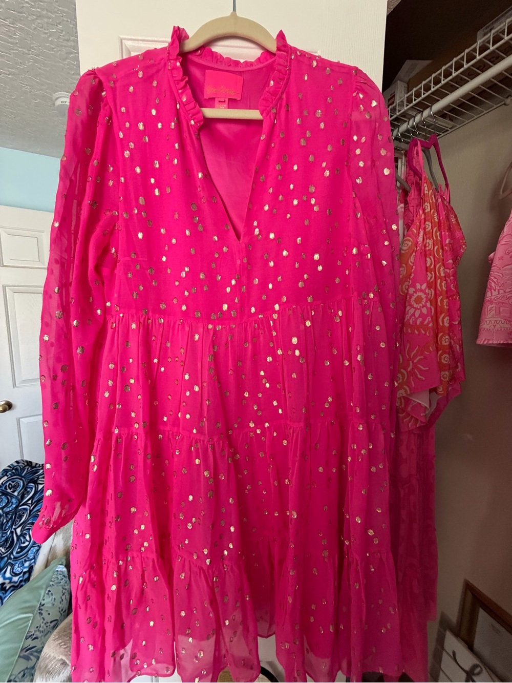 Lilly Pulitzer Sarita silk Hot Pink Tiered V-Neck Dress with Metallic Dots - Picture 4 of 4